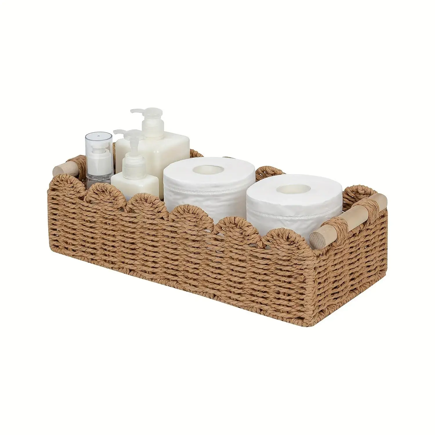 Natural Woven Storage Basket Tray Toilet Tank Topper Bathroom Organizer with Fan Edge Design for Vanity, Countertop, Bedroom, Living Room, Entryway, Farmhouse, Boho & Rustic Home Decor