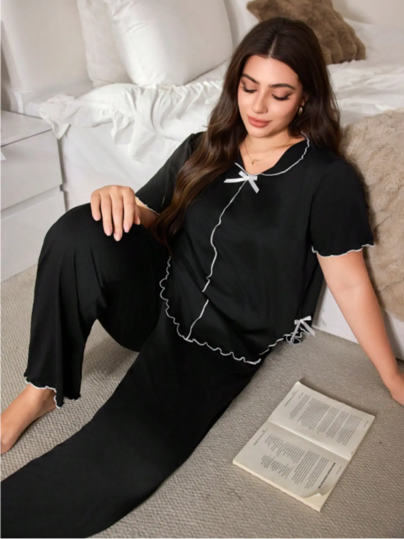 Plus Size Women's Pajama Sets, Matching Pajama Set, Sleep Loungewear Sets, Asymmetrical Hem Wooden Collar Short Sleeve Fitted Top + Long Pants, Elastic Pocketed Pants, Spring & Fall Home Wear Pjs Ruffle, Lounge Pajama Style