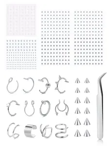 Face Gems Fake Piercings, Fake Lip Ring Fake Nose Rings Nose Hoop Fake Eyebrow Piercing Fake Lip Piercing Self-Adhesive Face Sticker Fake Piercing Balls Silver Cool Punk Y2k Halloween Makeup For Women Men