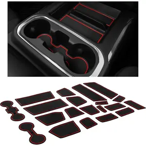 fits Chevy Silverado 1500 Accessories & GMC Sierra 2014-2022 Premium Custom Interior Nonslip AntiDust Cup Holder Insert,Console Liner Mats, 24pc Set (CrewCab with BucketSeats)(Red Trim)
