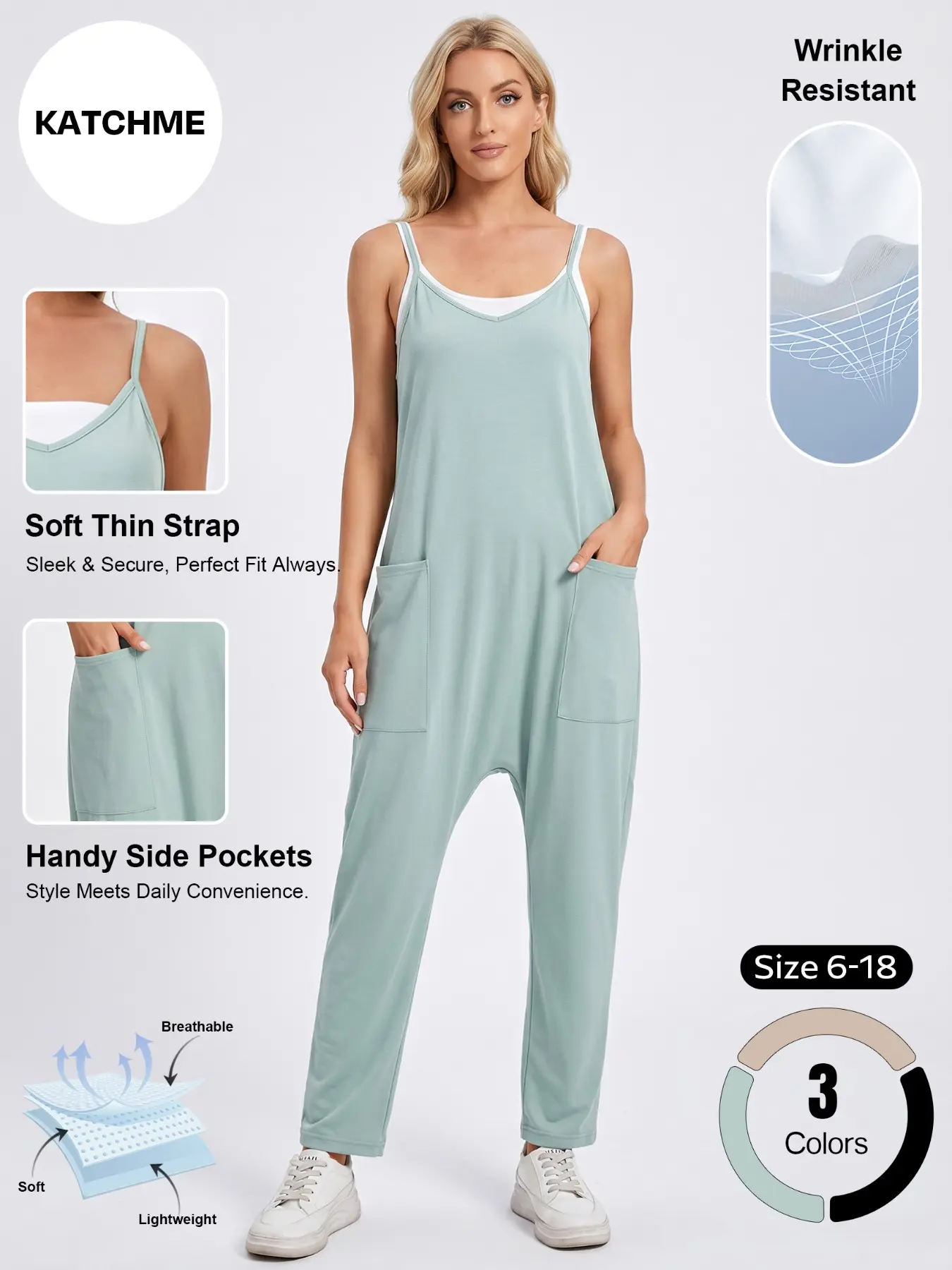 Women's Slouchy Solid Color Thin Strap Side Pocket Baggy Jumpsuit, Simple Style Loose Lightweight Stretch Wide Leg Outfits