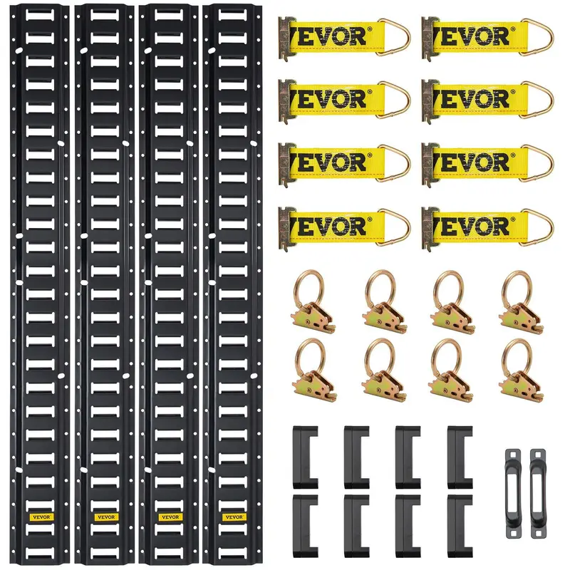 VEVOR E Track Tie-Down Rail Kit,  30PCS 5FT E-Tracks Set Includes 4 Steel Rails & 2 Single Slot & 8 O Rings & 8 Tie-Offs w/D-Ring & 8 End Caps, Securing Accessories for Cargo, Motorcycles, and Bikes