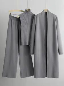 Women's Modest Fitted Knit Turtle Neck Top & Wide Leg Pants Set, Fall Winter Plain Design Three-Piece, Stylish Daily Wear
