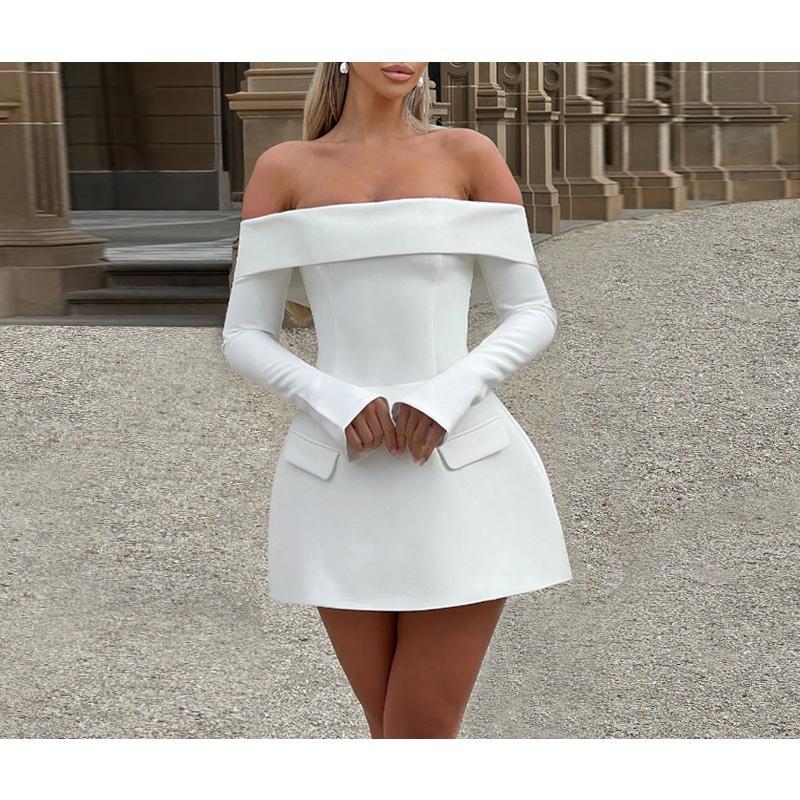 Fashionable Elegant Backless Off-Shoulder Tube Top Slim Fit Long Sleeve A-Line Dress for Women Formal Womenswear  Basic Minimalist White sundress