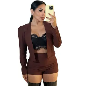 Open Front Collarless Jacket & Shorts Set in Rich Brown for Stylish Outfits