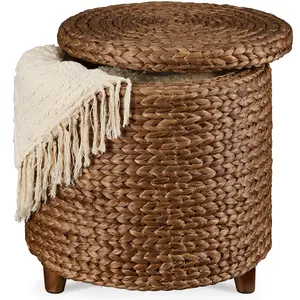 Best Choice Products 17 Round Storage Ottoman with Lid – Handwoven Water Hyacinth Modern Footstool"