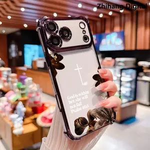 Vintage Floral Aesthetics Phone Shell Christian Psalms 46:5 Cross Premium Electroplated Four-corner Anti-fall Mobile Phone Case for iPhone 17Pro Max Air 16 Plus 15 14 13 12 11 Finish Anti Drop Bumper Religious Birthday Gift For Her