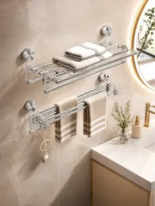 Wall-Mounted Suction Cup Towel Rack - Foldable Stainless Steel No-Drill Bathroom Organizer, Rustproof, Easy-Installation Space-Saving Multifunctional Drying Rack for Towels, Clothes