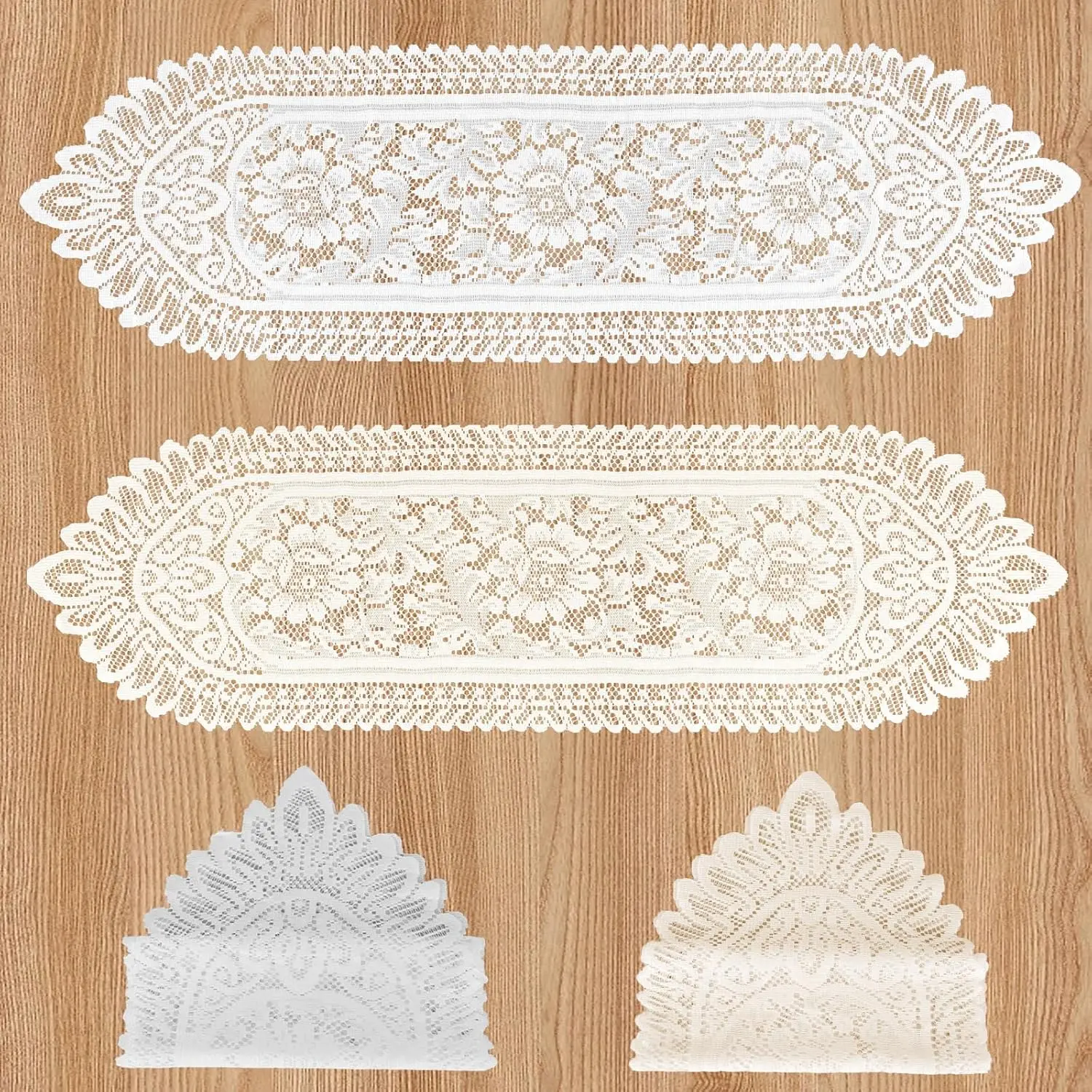 2 Pack White & Beige Lace Doilies for Tables Crochet Table Runner Rectangular Dresser Furniture Scarves 47"×13" Intricate Design Scalloped Edges