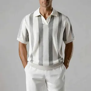 Men’s color-block openwork knit short-sleeve cardigan polo shirt—breathable and skin-friendly, retro light business style, versatile for everyday commuting and casual wear across multiple occasions.
