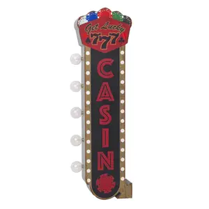 Casino Marquee Double-Sided Vintage LED Marquee Wall Decor - Retro Wall Sign w/LED Light Bulbs - Battery Operated Metal Wall Art for Bar, Man Cave, Garage, Game Room & More (Get Lucky Casino, 25" x 8" x 3.5")