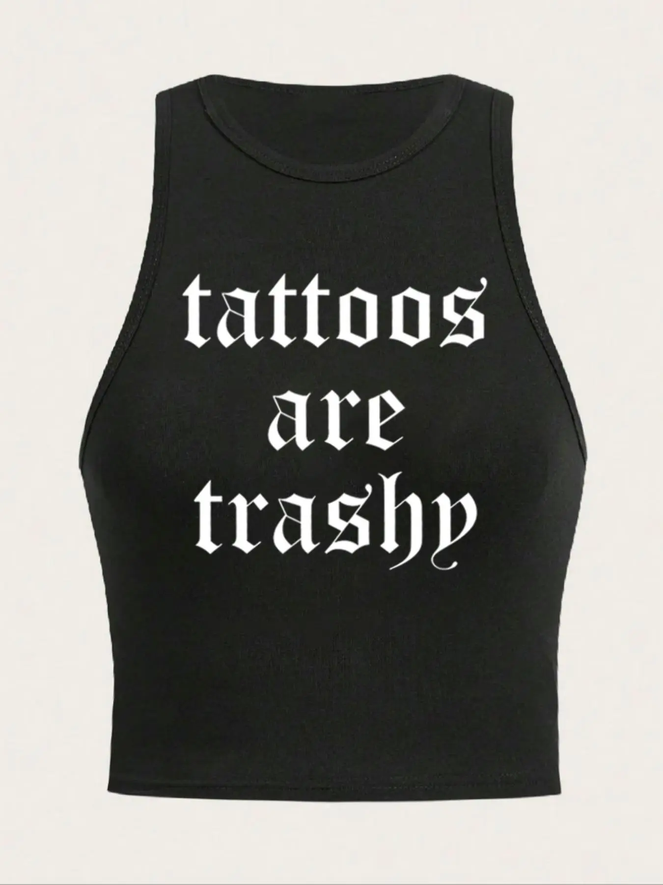 Women's Thermal Lined "Tattoos Are Trash" Print Round Neck Fitted Tank Top, Y2K Aesthetic Fashion Trendy Casual Chic Sleeveless Top for Daily Wear, Summer, Casual Beach Tank, Ladies Womenswear Clothes for All Seasons