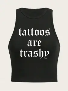 Women's Thermal Lined "Tattoos Are Trash" Print Round Neck Tank Top, Y2K Aesthetic Fashion Trendy Casual Sleeveless Top for Daily Wear, Ladies Womenswear Clothes for All Seasons