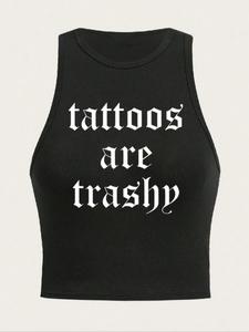 Women's Thermal Lined "tattoos Are Trash" Print Crewneck Tank Top, Y2k Trendy Casual Sleeveless Top for Daily Wear, Ladies Clothes for All Seasons, Sleeveless Sleepwear