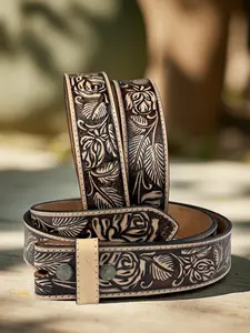 Western Rose Leather Belt Strap Full Grain Leather Heavy duty belt for removable buckle Rodeo Cowboy Belt