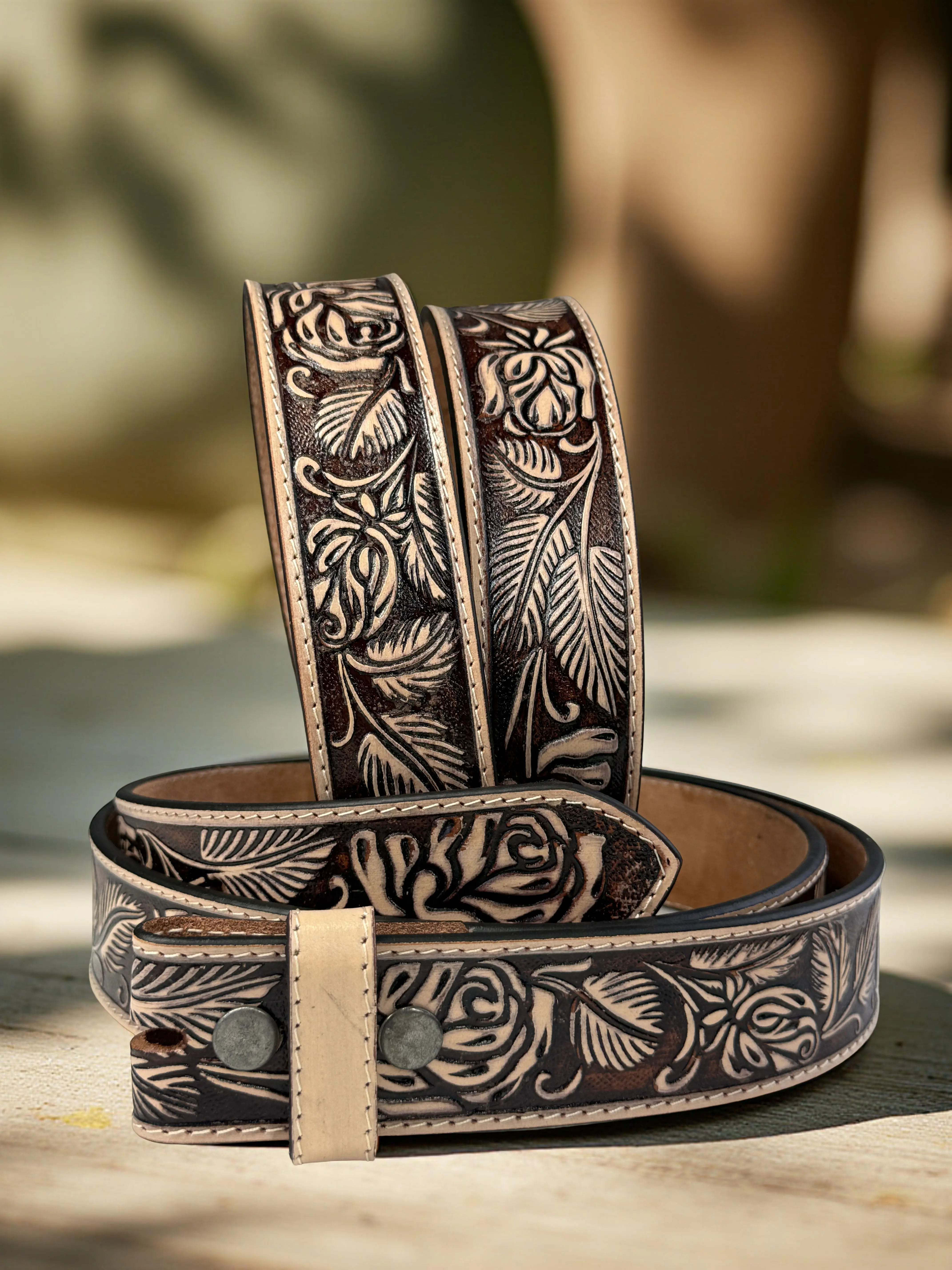 Western Rose Leather Belt Strap Full Grain Leather Heavy duty belt for removable buckle Rodeo Cowboy Belt