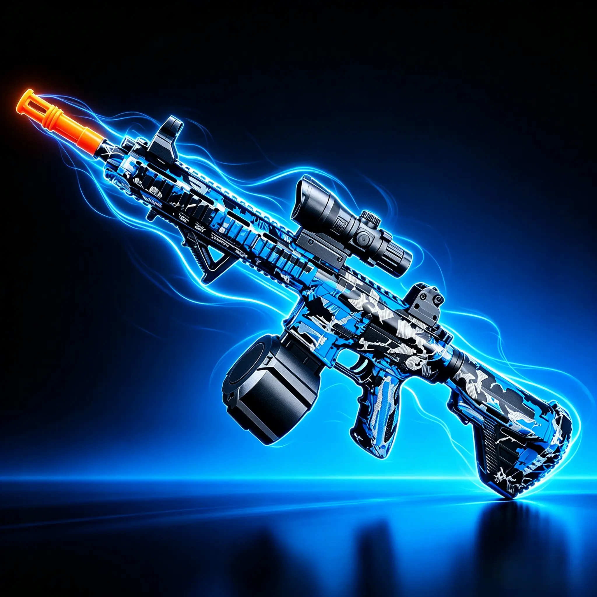 Automatic Electric M4-Shape Gel Ball Blaster Toy, Blue Camo with Drum Magazine, Sight Attachment, Orange Safety Tip, Great for Outdoor Backyard & Group Activities for Teens