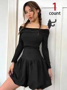 Y2K Sweet Cool Schoolgirl Back-To-School Dress, Off-Shoulder Long Sleeve, Slim-Fitting Waist, Youthful and Stylish, Spring & Fall
