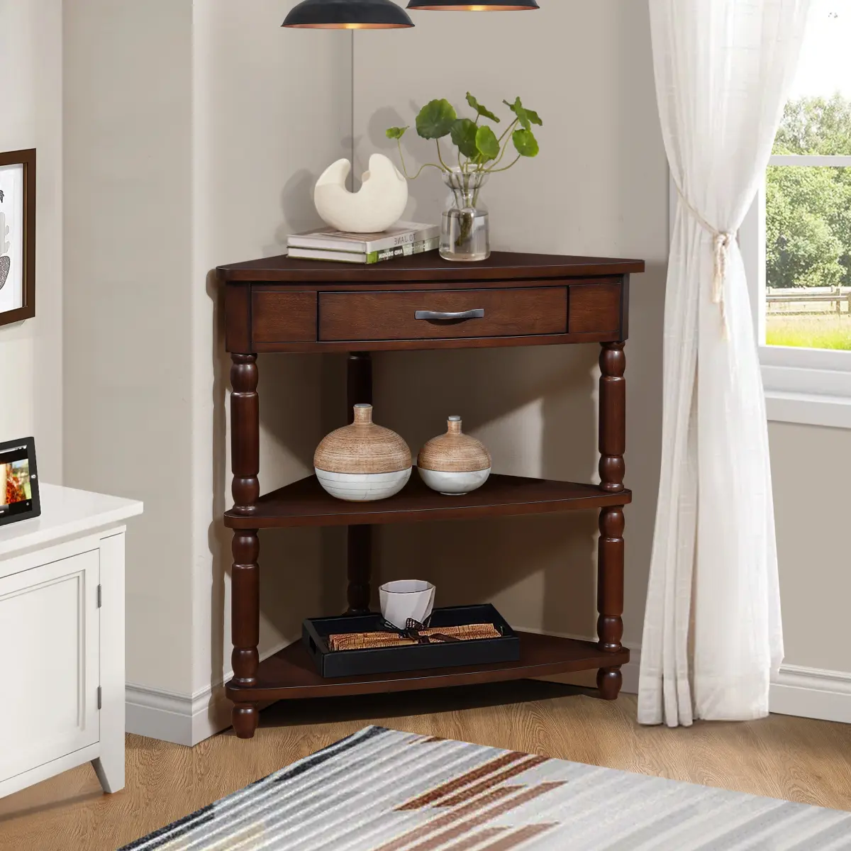 33.86" Corner Table Wood 3 Tier Triangle Side Table Corner Shelf Stand with Solid Wood Legs 1 Drawer & 2 Storage Shelves for Living Room Small Space