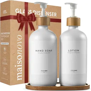 MaisoNovo Soap Dispensers 3-Piece Set|Bathroom Soap Dispenser|Kitchen Soap Dispenser Set|16.9oz Set of 8 with Tray Bamboo Bottle
