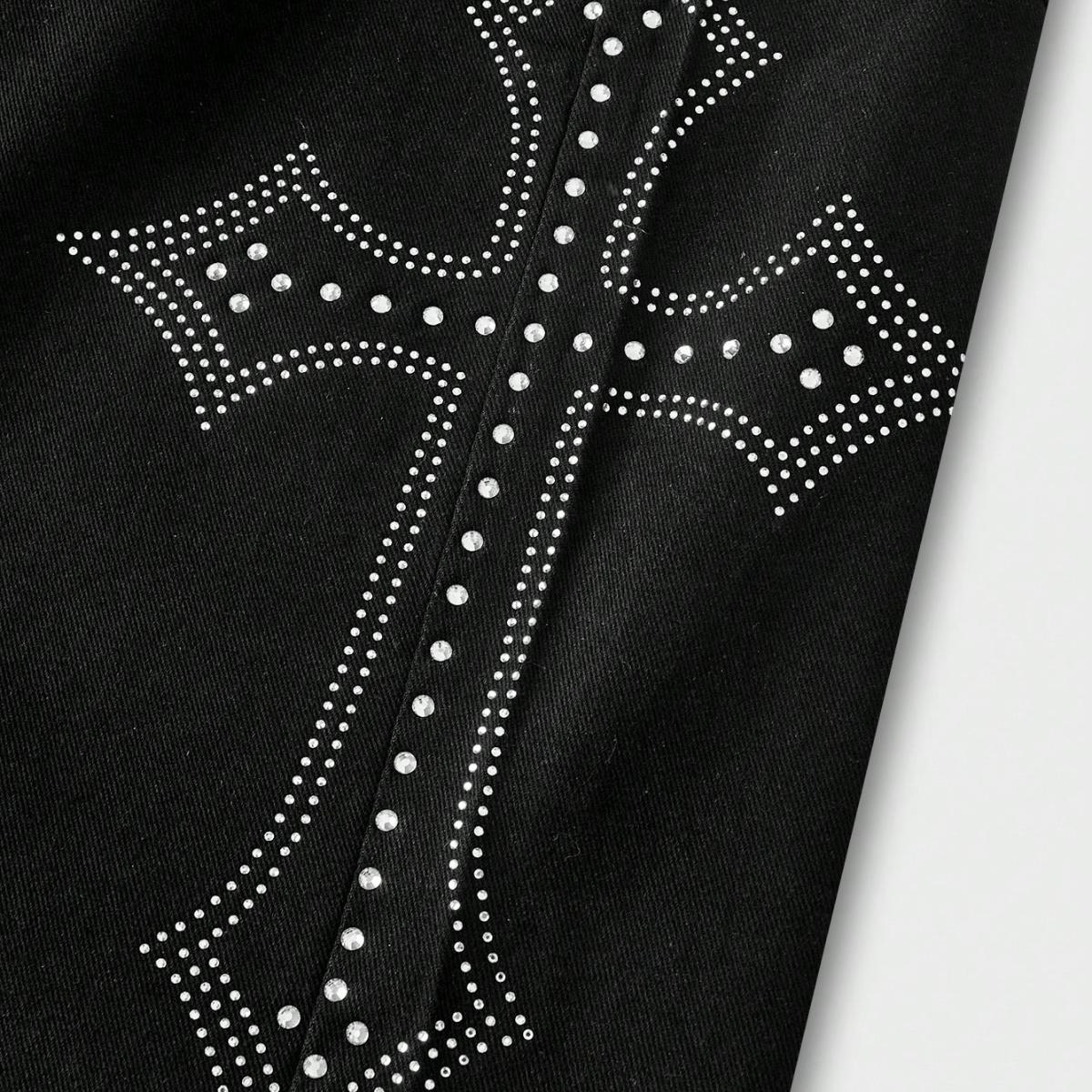 Men’s trendy black denim jeans with star rhinestones, high-street style wide-leg long pants