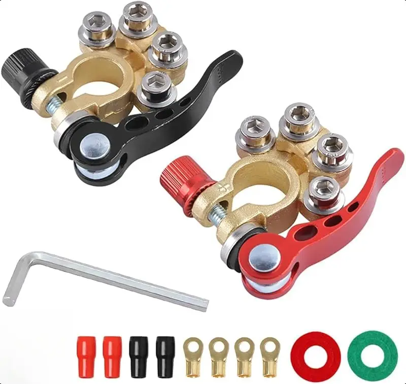 Car Battery Terminal Connectors 2 Pcs 4-Way Quick Release Disconnect for SAE/JIS Type A Posts Compatible with Cars Vans Trucks