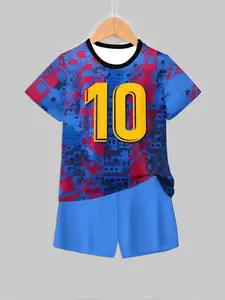 Barcelona Style Football Jersey Set, Blue Camo Short Sleeve Shorts Two-Piece, Casual Fitted Sports
