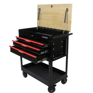 Hardware 3 DRAWERS MULTIFUNCTIONAL TOOL CART WITH WHEELS AND WOODEN TOP