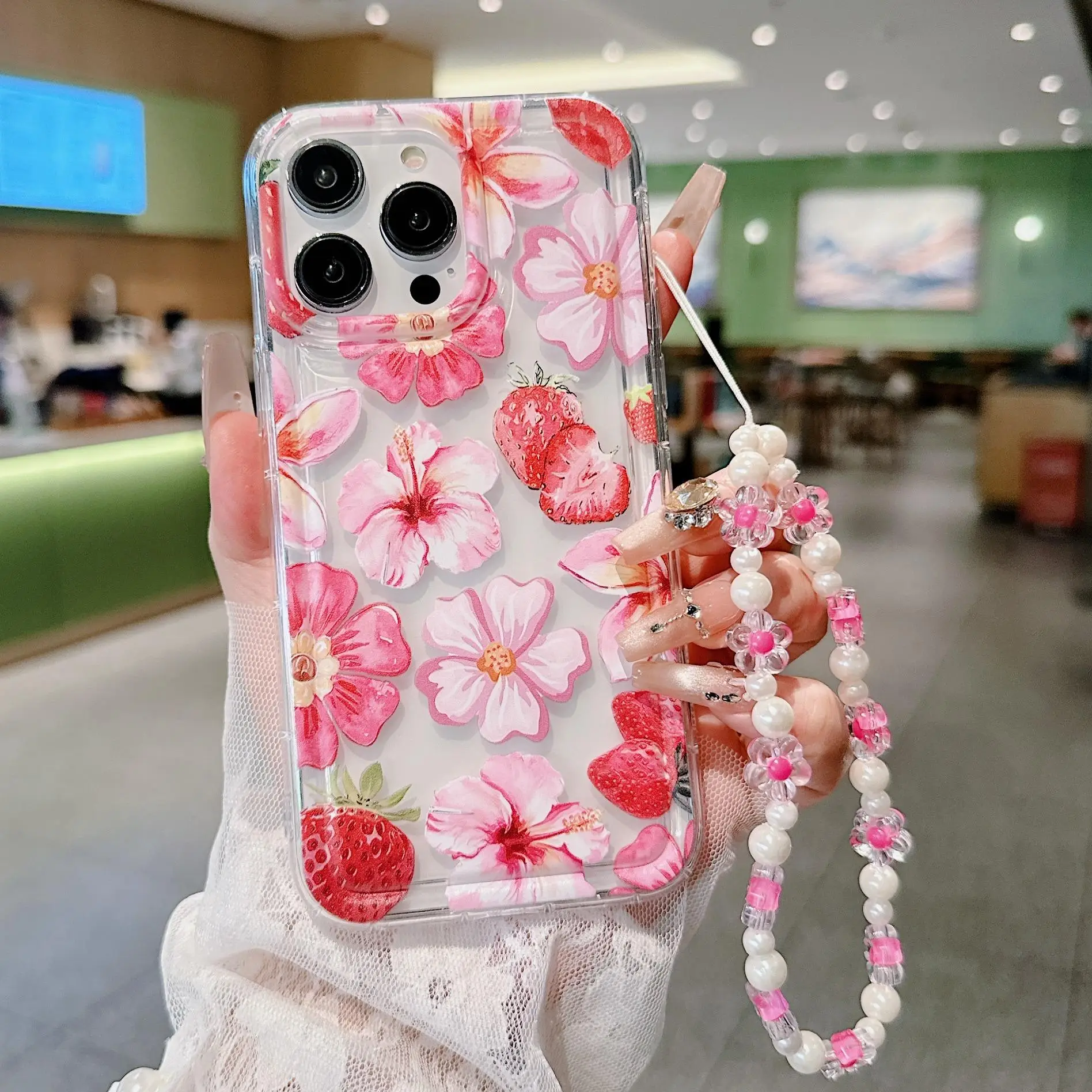 Strawberry Pattern Phone Case with Lanyard, Cute Flower Pattern Phone Case, Decorative Phone Protector Cover Compatible with iPhone, Casing