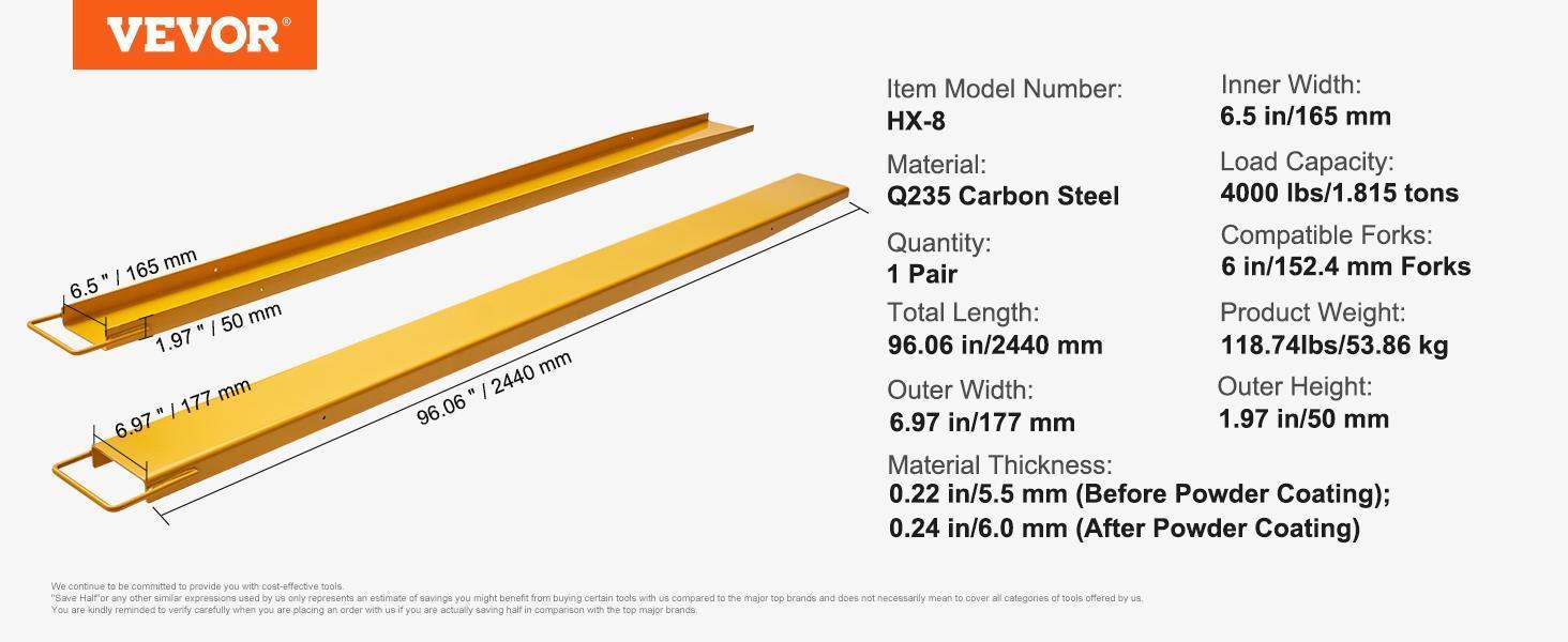 VEVOR Pallet Fork Extensions, TikTokShopBlackFriday, Max, 96" Length 6.5" Width, Heavy Duty Carbon Steel Fork Extensions for Forklifts, 1 Pair Forklift Extensions, Industrial Forklift Fork Attachments for Forklift Truck