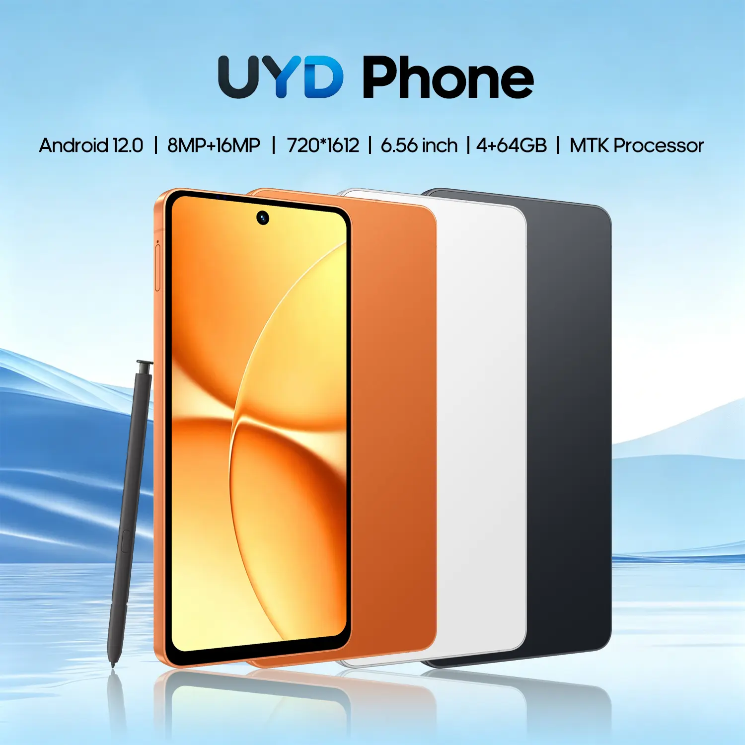 UYD S26 Pro smartphone with a 6.56-inch screen, 4GB RAM + 64GB ROM, octa-core processor, 4G network, dual SIM dual standby, equipped with a stylus, 8MP + 16MP pixel cameras, 4000mAh battery, Android 12 system.