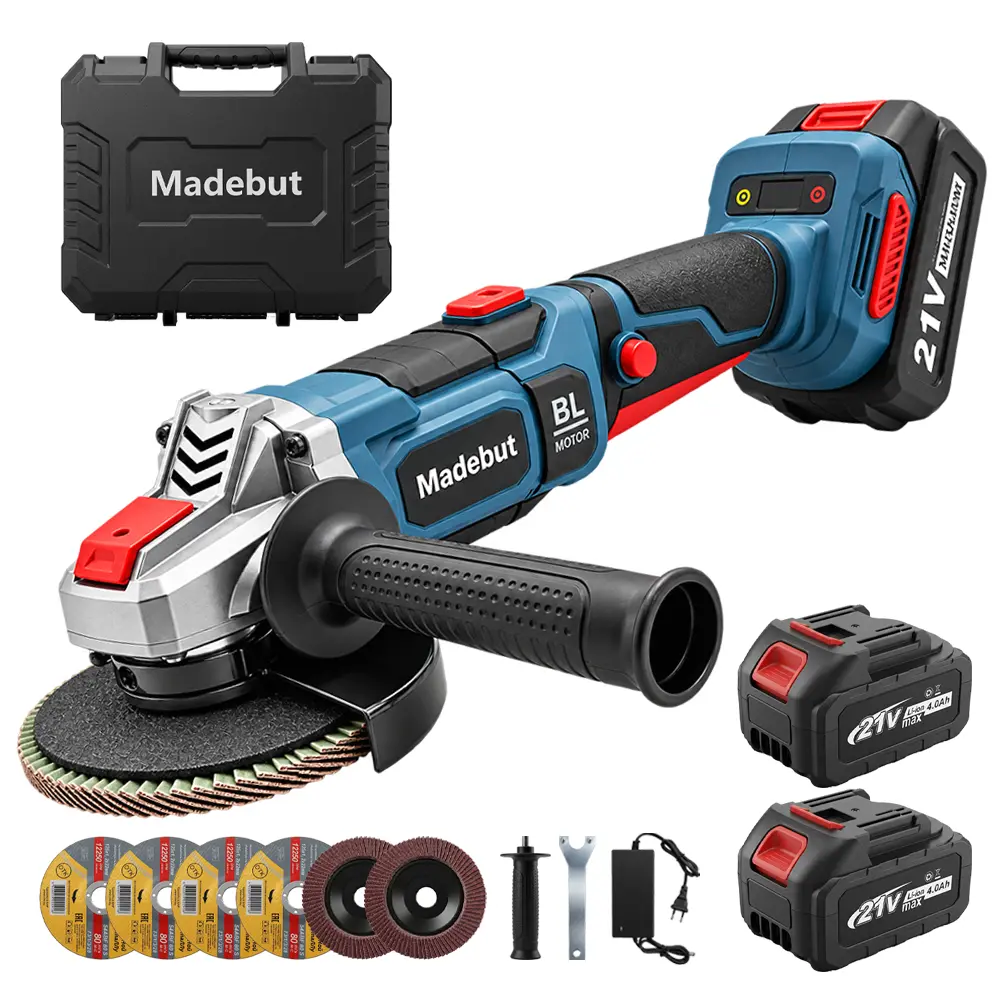 Cordless Angle Grinder, 21V Brushless Electric Grinder Kit with 2×4.0Ah Batteries & Charger, Cutting & Grinding Discs, Portable Power Tool for Metal Cutting, Grinding & Polishing