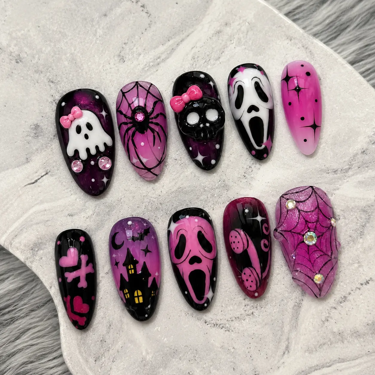 Handmade Pink Purple Halloween Press On Nails, Spooky Ghost Face, Spiderweb, Skull, Haunted House, Rhinestone 3D Nail Art, Gothic Party Fake Nails Set