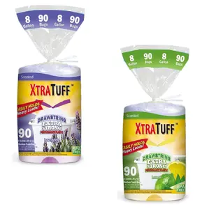 Ultra Strong Kitchen Anti-Leak High Density Kitchen Drawstring Eco-Friendly Scented Trash Bags, Lavender, Lemon, Disposable Drawstring Thickened Trash Can Bags, 8 Gallon, 90 Count Plastic Packaging Household Hygiene Products