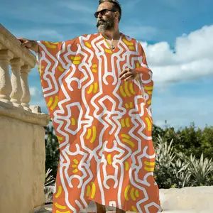 Men's Keith Haring Radiant Baby Print Vacation Pullover Caftan Robe, 80s Retro Pop Art Long Sleeve Closed Front Kimono Cover Up, Lightweight Beach Lounger Resort Sleep Shirt