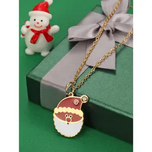 Long Santa Claus Pendant Necklace with Steel Chain - Unisex Fashion Costume Jewelry, Christmas Holiday Accessory