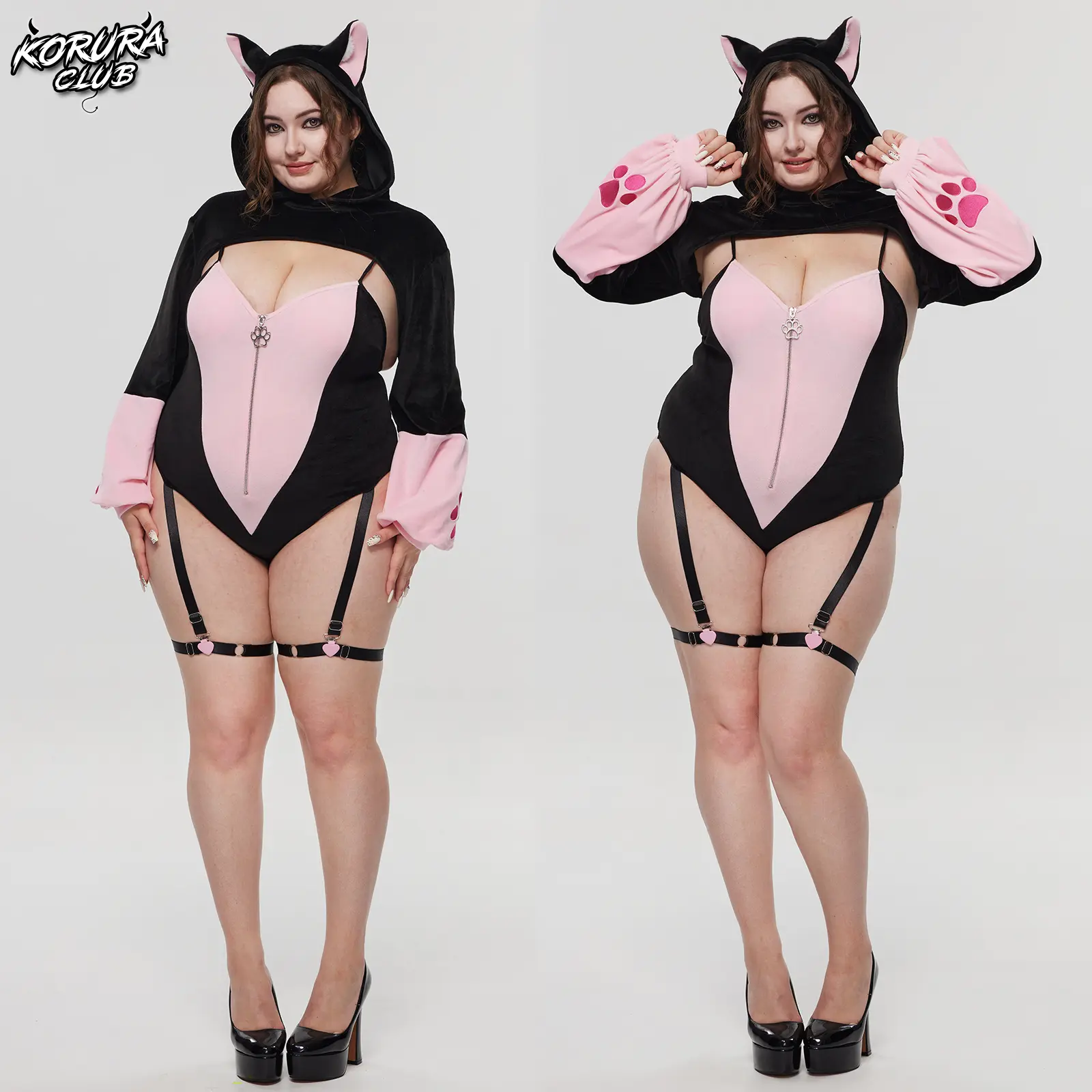 KORURACLUB Women's Cute Fox Costume Bodysuit with Ear Hood & Paw Print Sleeves, Kawaii Cosplay Party Outfit, Adjustable Straps, Soft Stretch Fit, Clothes, Accessories, Style