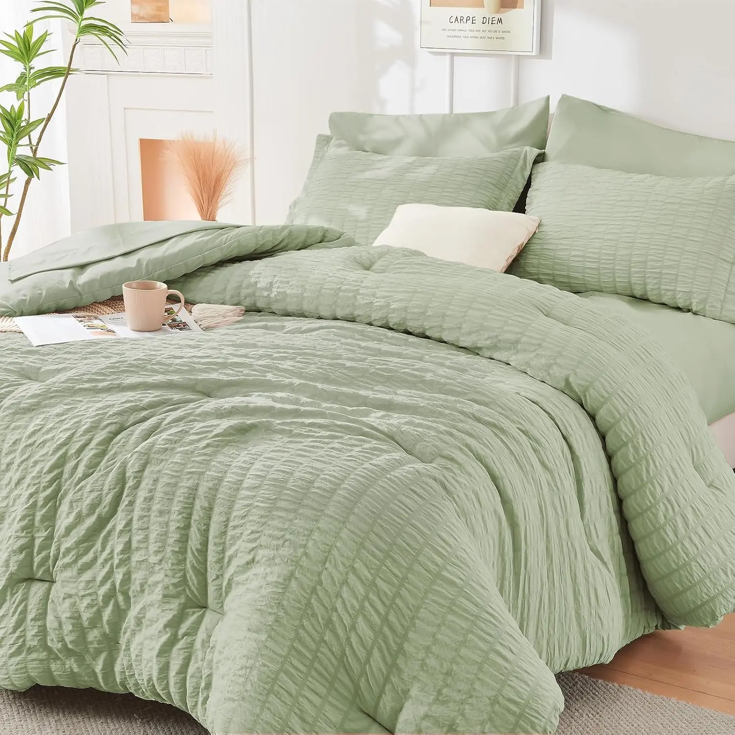 Light Green Striped Pleated Seersucker Full Size Bedding Set - Microfibre, Soft, Wrinkle Resistant, Durable Print, All Seasons, Machine Washable, Includes Comforter, Deep Pocket Sheet, Pillowcases, Shams & Storage Bag for Bedroom