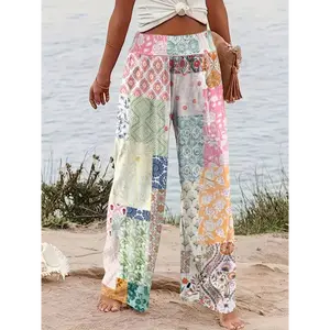 Colorful Patchwork Floral Print Women's Wide-Leg Pants FM143744 - Lightweight Loose Fit Elastic Waistband Machine Washable Boho Vacation Wear - Fabric