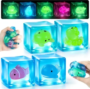 4 Pack Glow in the Dark Sea Animal Squishy Toys, Stress Cube & Stress Balls Sensory Squeeze Toys, Anxiety Relief Calming Stretchy Desk Toys for Kids Adults