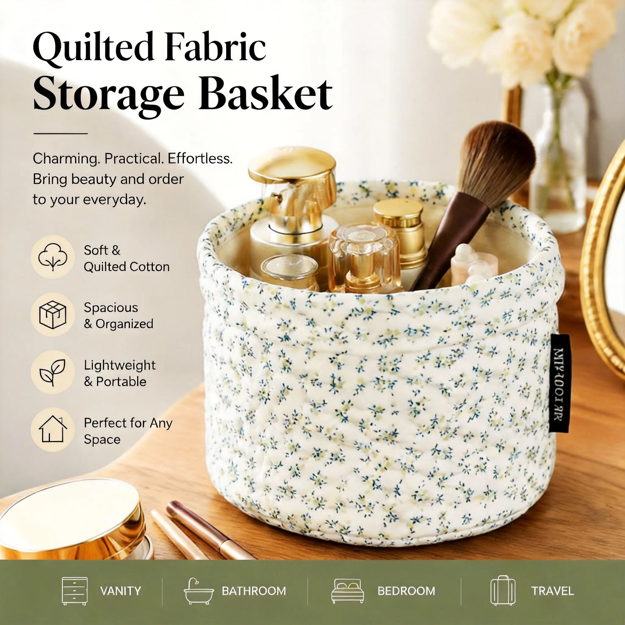Quilted Cottagecore Makeup Storage Bucket - XL Capacity Fabric Cosmetic Organizer Bin, Soft Sided Pail for Women, Floral Cloth Organizer, Floral Pattern Basket, Household Storage