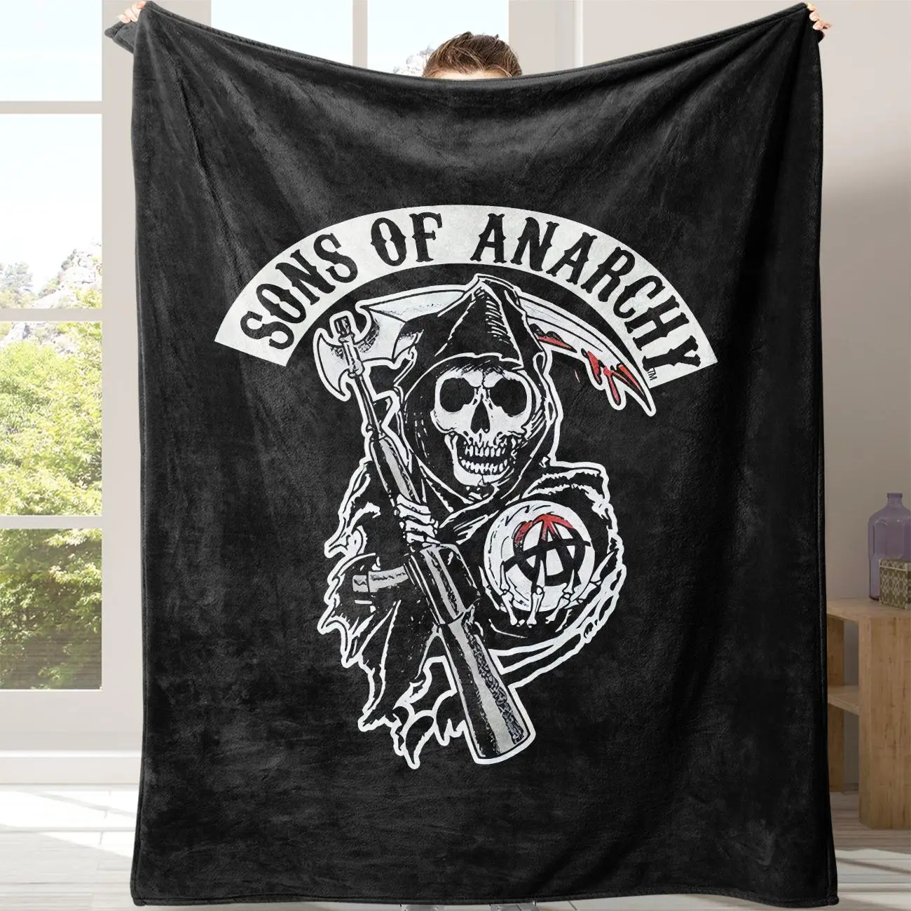 Songs of Anarchy Letter Print Soft Flannel Throw Blanket, Biker Drama Graphic for Bedroom Media Room and Casual Lounge Decor, Lightweight Bed Throw for Movie Night, Birthday Holiday Gift for Songs of Anarchy Fans and TV Collectors