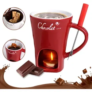 Sweet Fondue Cup Chocolate Melting Cup Set with Forks, Perfect for Date Night, Ideal Gift for Birthday Wedding, Mini Simmer Fondue Mug (Red)