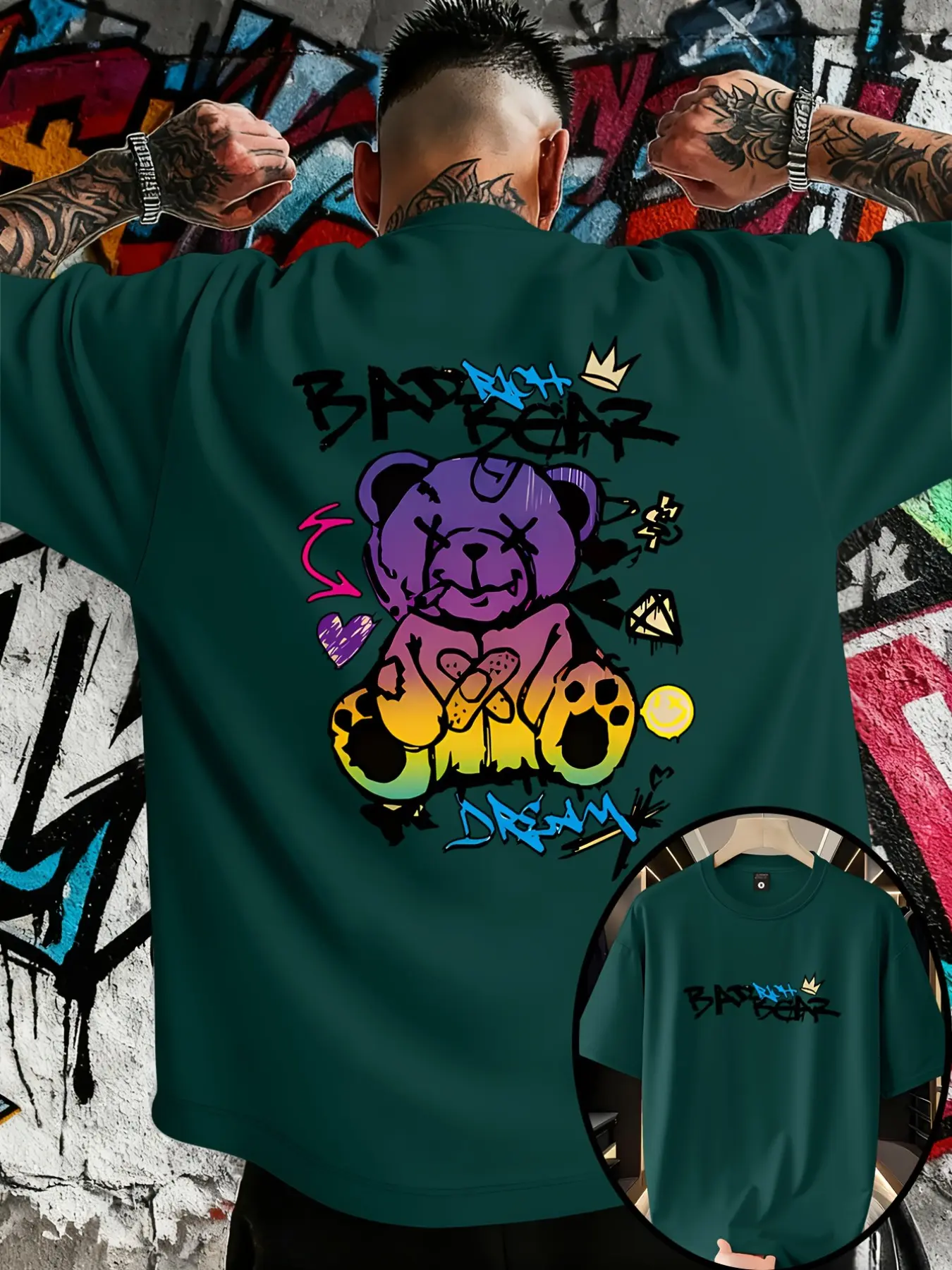 Y2K Street Style Bad Bear Print T-Shirt for Men, Fashionable Loose Fit Casual Summer Tee, All Seasons Animal Print Top