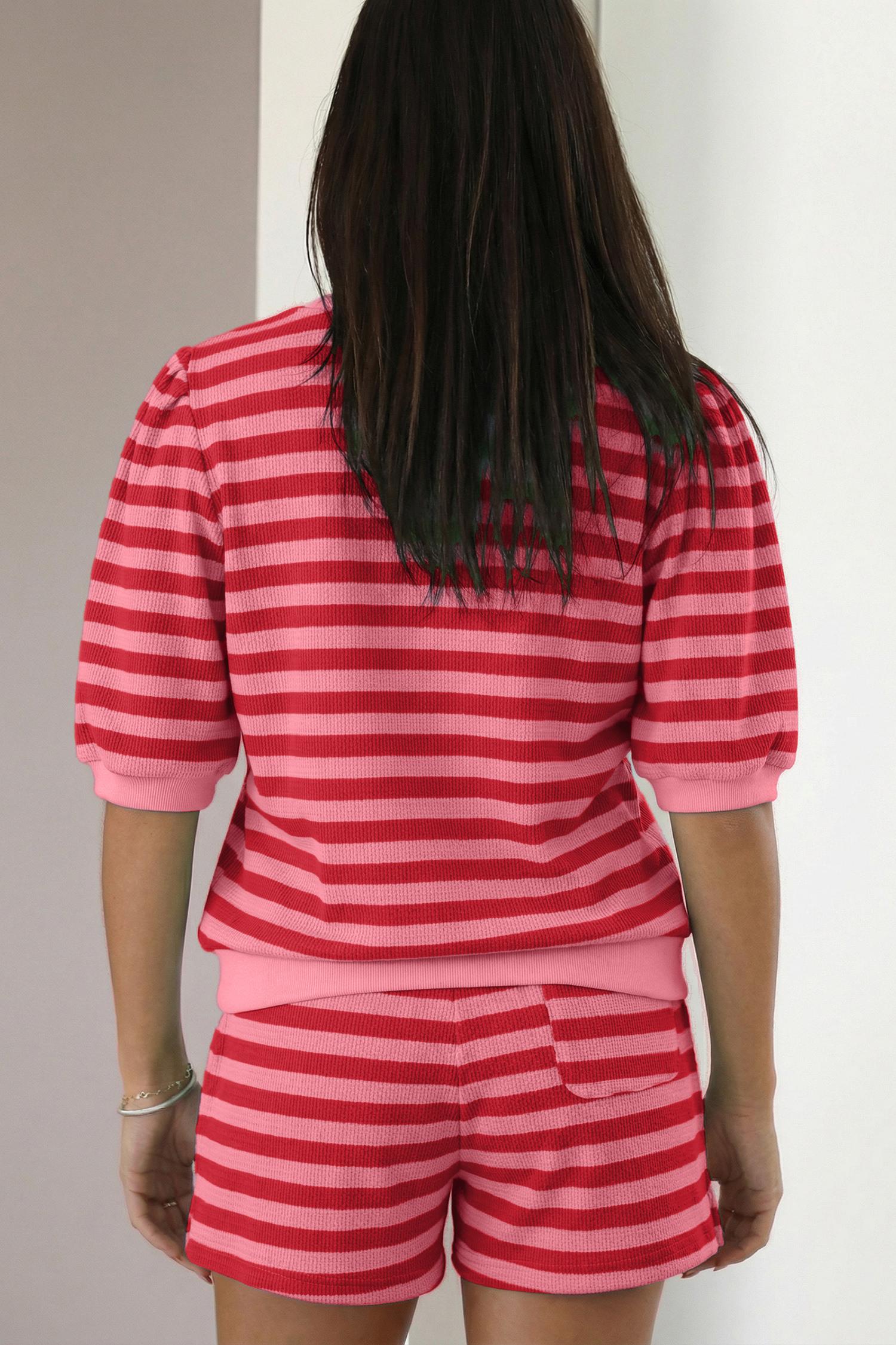 Mntaor Women’s Green Striped Puff Short Sleeve Matching Set Comfy Top Elastic Waist Shorts Perfect for Summer Vacations Beach Days Casual Outings Womenswear Clothes