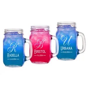 Monogrammed Initial Personalized Party Drink Mason Jars with Handle Engraved Groomsmen Favor Bridesmaid Gift Idea Wedding Birthday