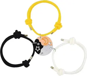 3-Piece Female BFF Friendship Bracelets, Sun-Moon-Star Puzzle Matching Adjustable Braided Rope, Best Friends Jewelry Gifts