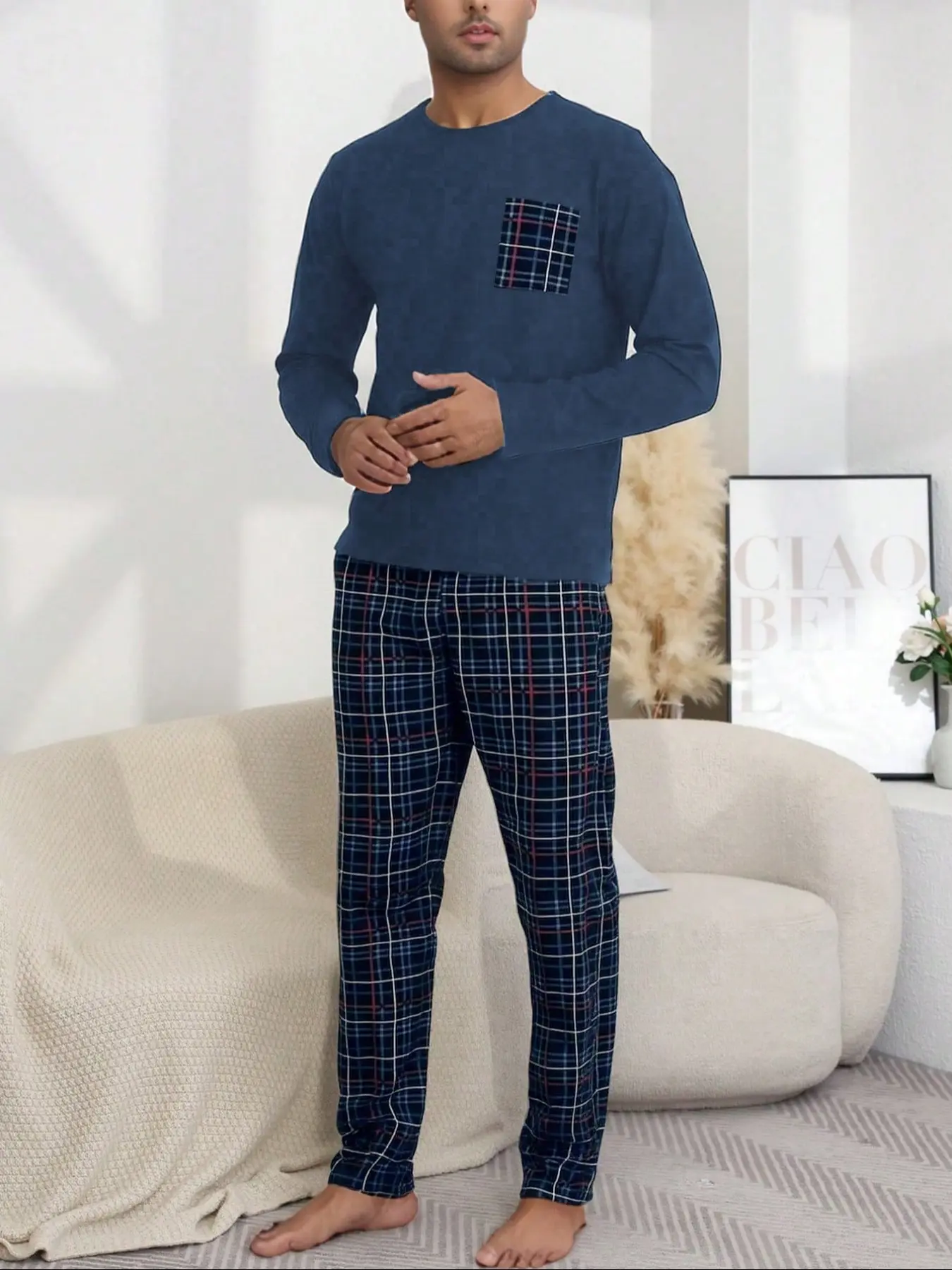 Men's Simple Plaid Pocket Round Neck Long Sleeve Sleepwear Set, Comfortable Skin-Friendly Home Clothes, 2 Piece Suit