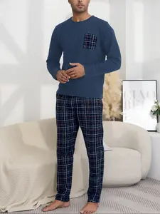 Men's Simple Plaid Pocket Round Neck Long Sleeve Sleepwear Set, Comfortable Skin-Friendly Home Clothes, 2 Piece Suit