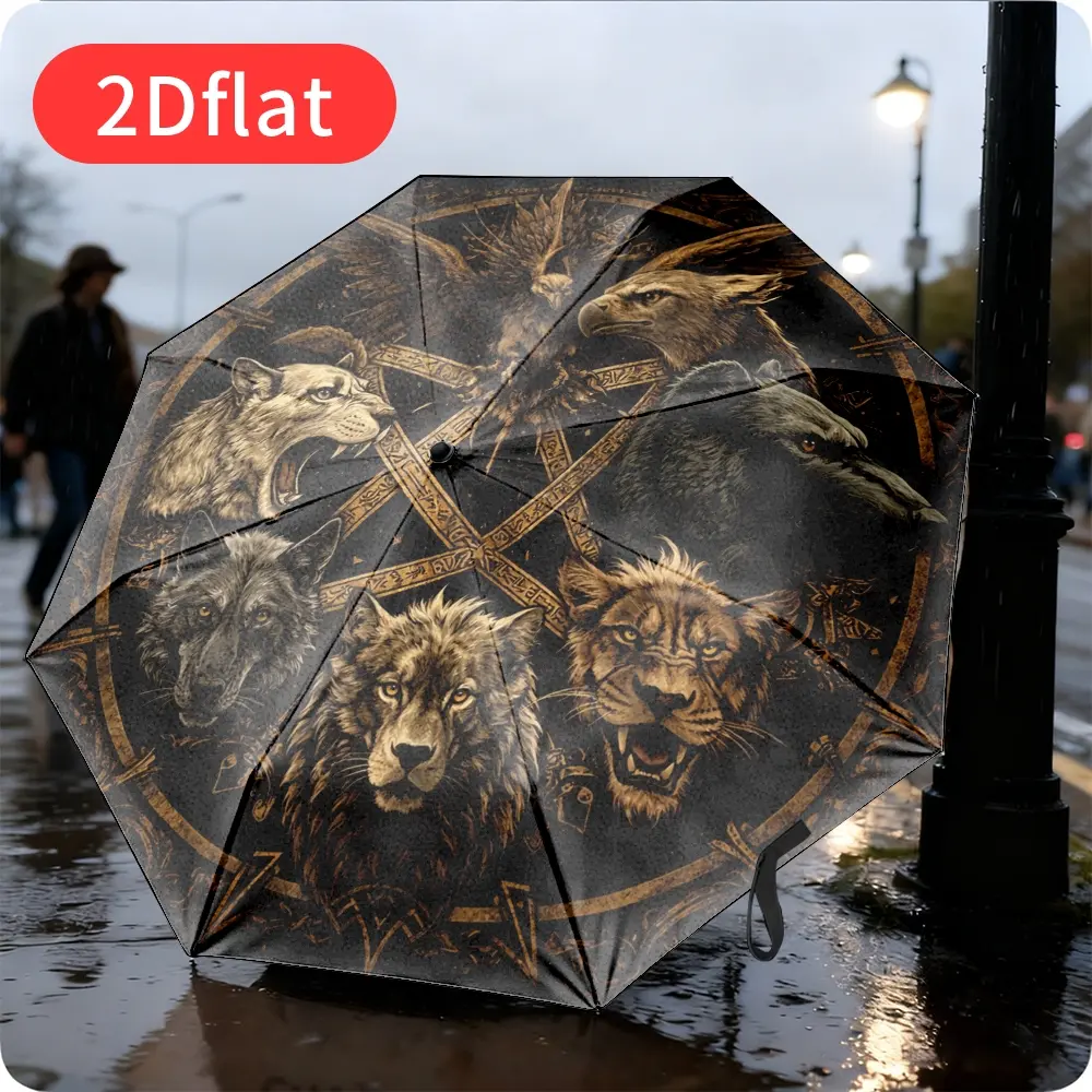 1 Gothic-style automatic umbrella featuring bear, eagle, and wolf patterns – deep pentagram design, reinforced 8-rib structure, push-button auto open/close mechanism, compact foldable size, unisex – perfect Halloween or